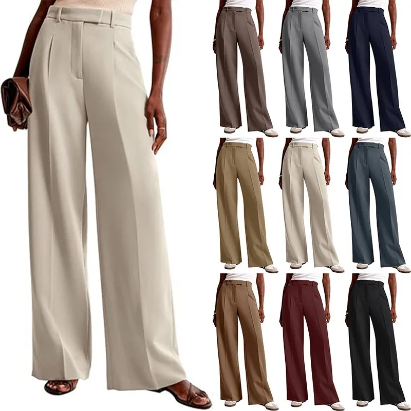 Summer Women Pants High Waist Straight Cut Pleated Front Solid Color Beige Navy Blue Wide Leg Full Length Office Trousers