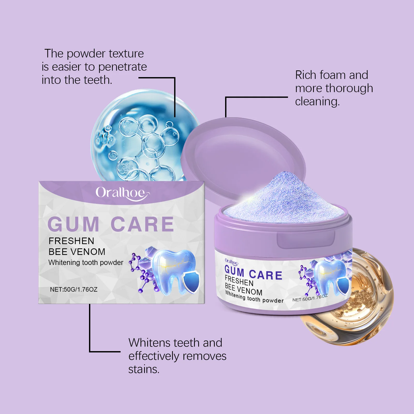 Purple Bee Venom Teeth Whitening Powder Color Correction Brighten Teeth Remove Coffee Smoke Stain Fresh Mint Breath Oral Hygiene
