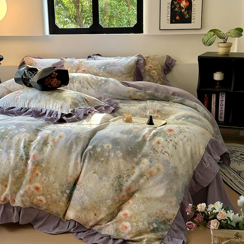 Floral Bedding Set Queen Size Princess Floral Pattern Ruffle Design For Women And Girls Soft Comfortable Bed Sheet 100 Cotton