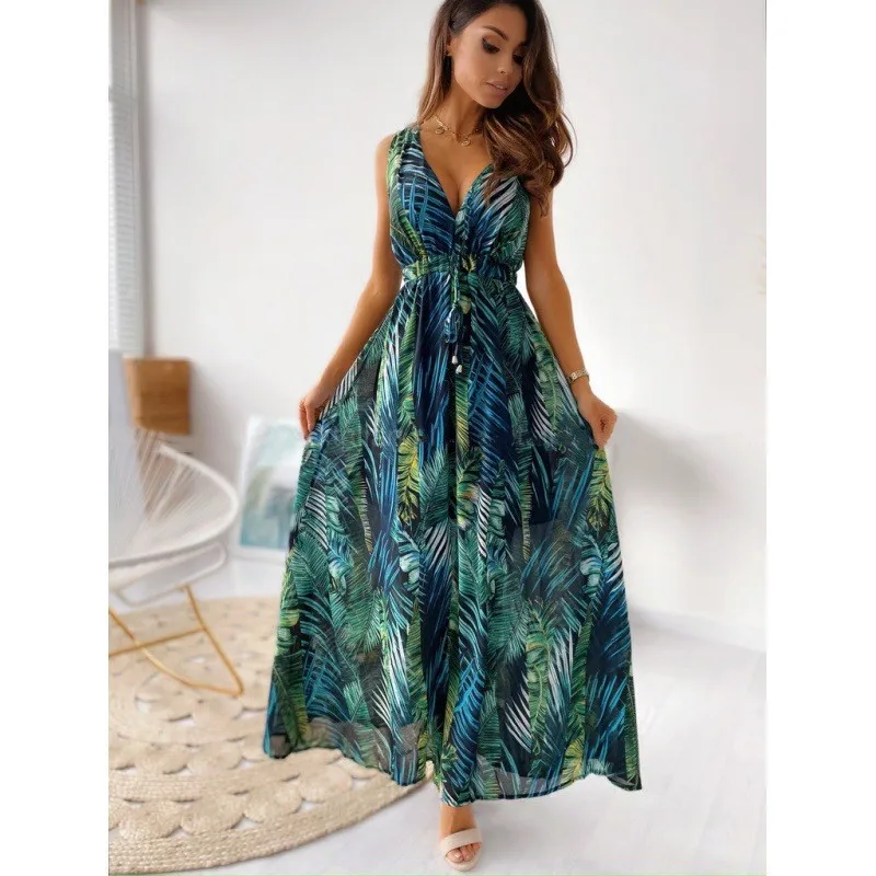 Summer Women's Elegant Dress Sexy Deep V-neck Lace-Up A-line Beach Vestidos Floral Printing Fashion Vintage Holiday Long Dresses