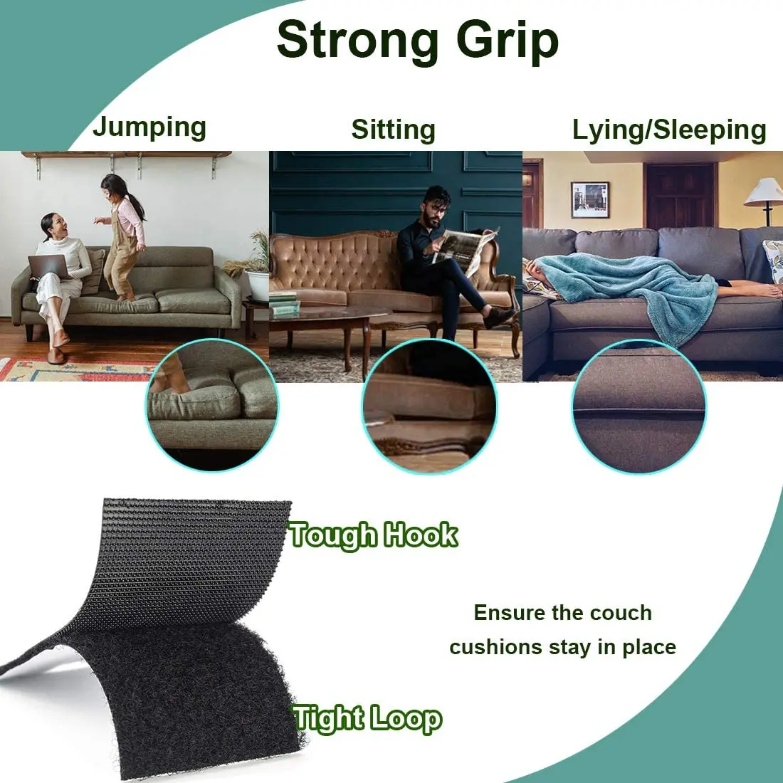 Couch Cushion Non Slip Pads to Keep Couch Cushions from Sliding, Hook and Loop Tape with Adhesive for Smooth Surfaces