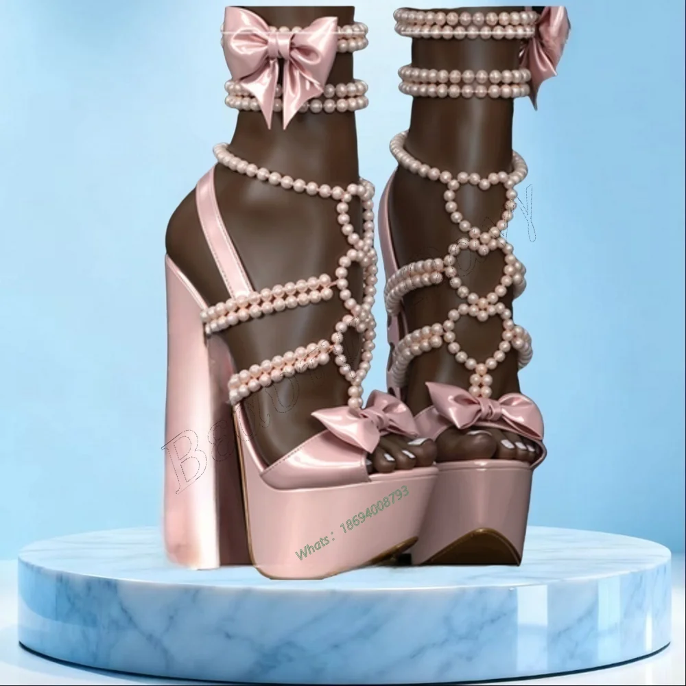 

Pink Pearl Decor Platform Sandals Bpw Knot Hollow Thin High Spike High Heel Shoes Sexy Women Shoes New Zapatos Para Mujere