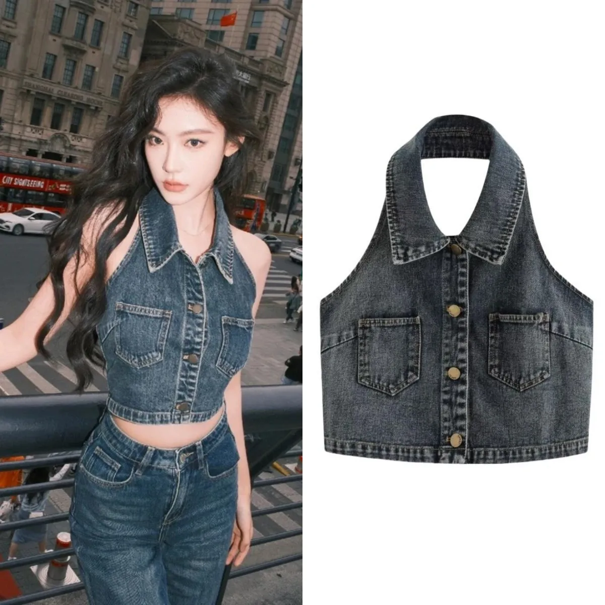 

ETJ 2025 summer new TRAF women's Y2K fashion sexy retro neck backless sleeveless A-line short denim shirt
