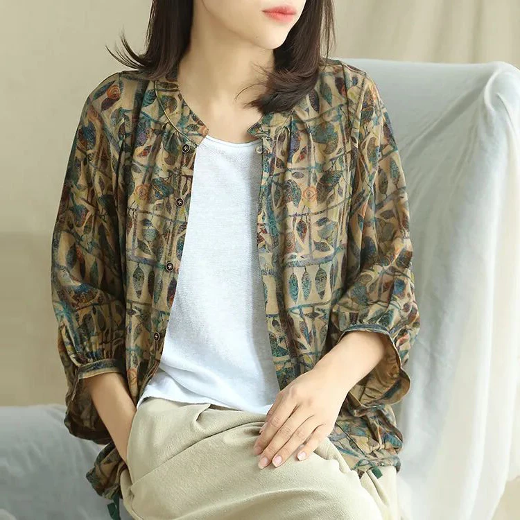 

Retro Hong Kong Sle Cotton Linen Print irt Large Size Women's Early Autumn Faion Stand Collar Dstring Coat Trendy