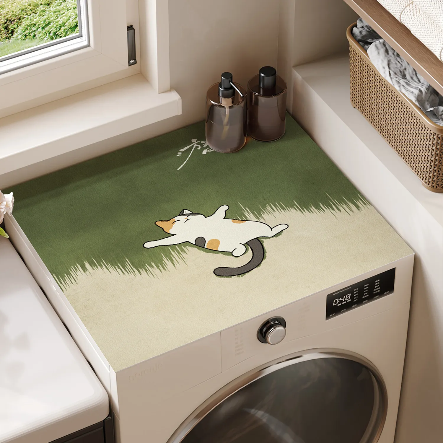 VIKAMA Ragdoll Cat Washing Machine Cover Mat Green Grass Texture Print Waterproof Anti Dust Dryer Cabinet Top Pad Dust Cover