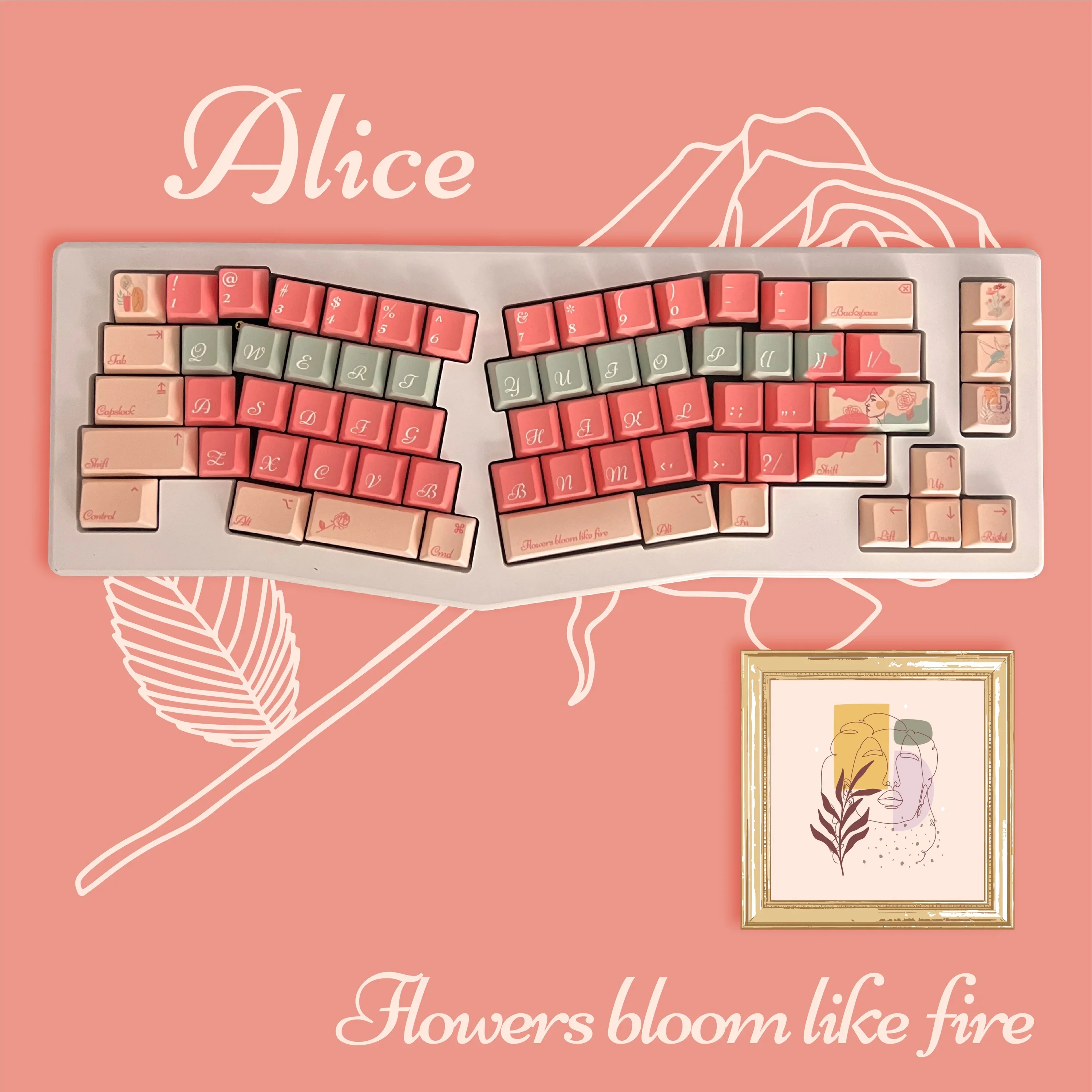 Macaron flowers bloom like fire, and the five sides are sublimated. Original blackout PBT keycaps are customized.