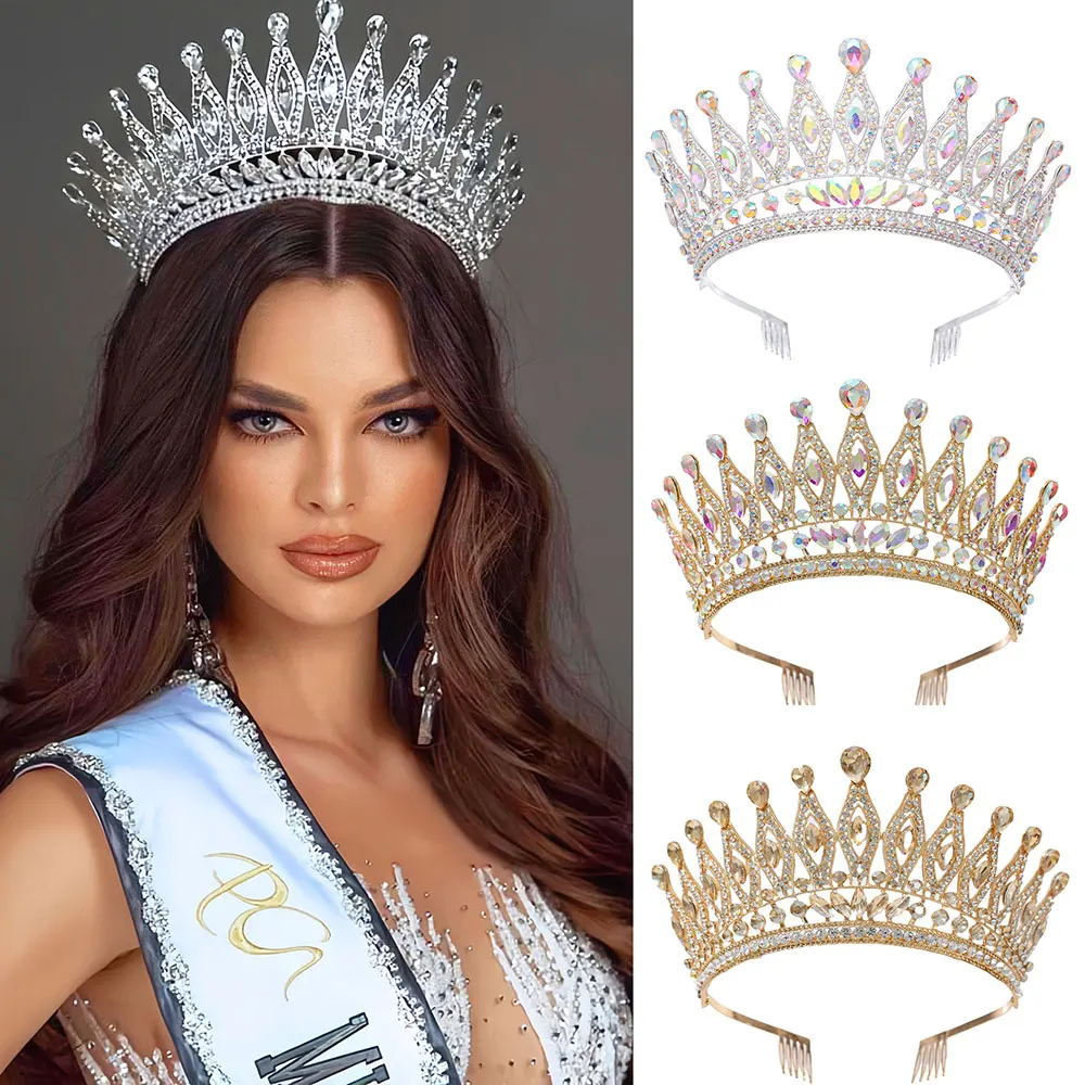 KMVEXO Baroque Queen Large Crystal AB Tiaras For Bridal Women Girls Wedding Crowns Diadem Comb Princess Party Hair Dress Jewelry