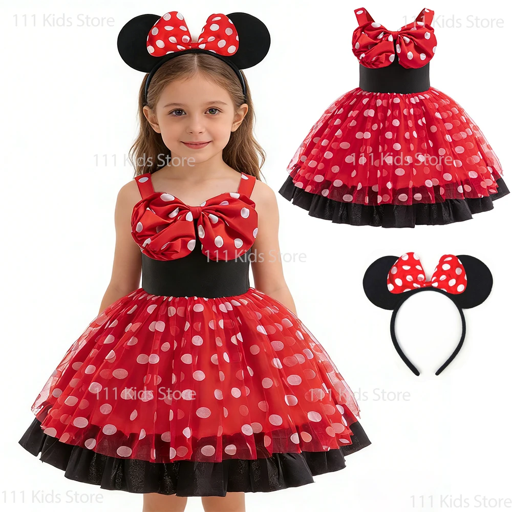 Cartoon-Maus-Cosplay-Kostüm für Halloween, ärmelloses Mädchen-Partykleid mit Schleife, gepunktetes Mädchen-Prinzessinnenkleid, Geburtstagskleid