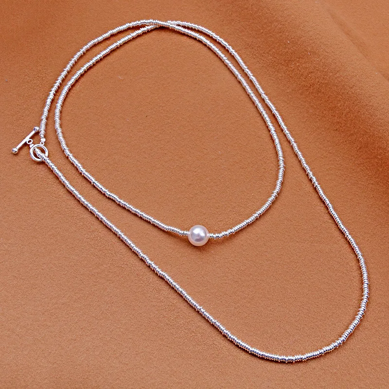 N S925 Handmade Ring Korean Version Female Bead Necklace Female Simple Long Stacked Broken Silver Sweater Chain