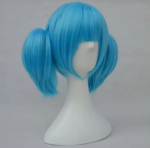 Sallyface Sally Face Sally Cosplay Wigs Short Blue Wig With Two Clip Ponytails Heat Resistant Synthetic Hair Wig + Wig Cap