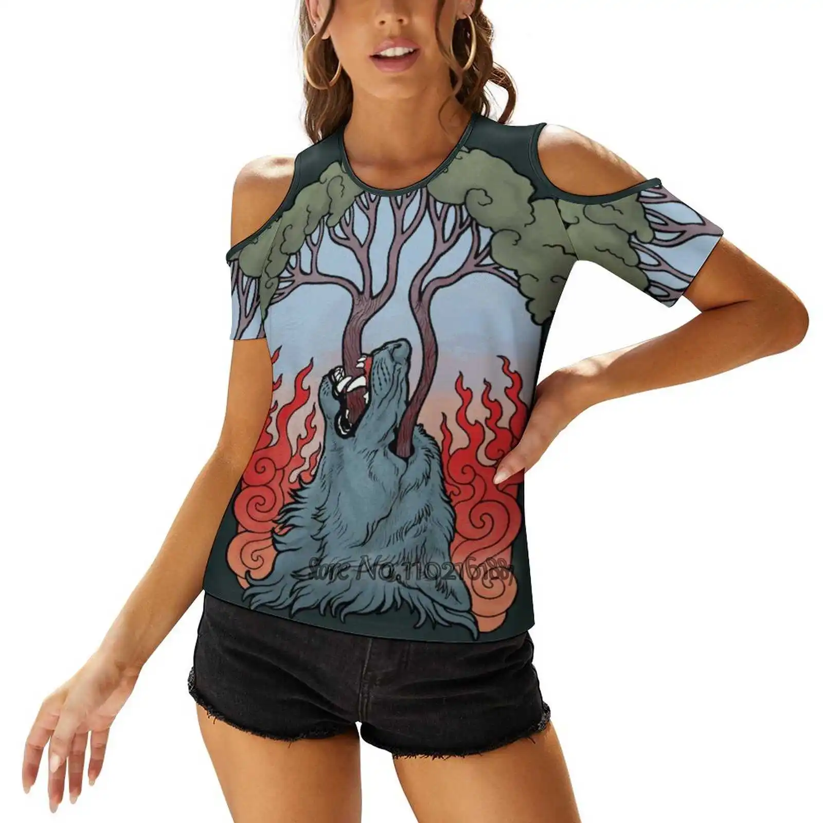 Yggdrasil Women T-Shirt One Shoulder Lacing Top Sexy T Shirts Hollow Out Tops Tees Yggdrasil Tree Of Life Viking Pagan Wolf