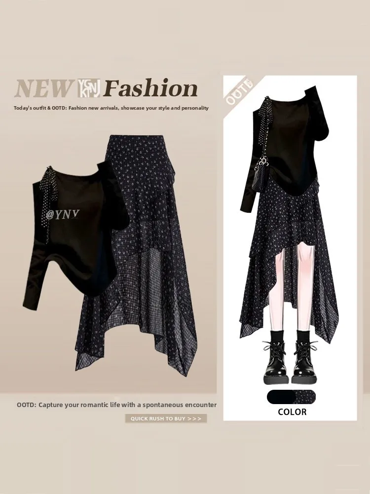 

Черный комплект для путешествий: топ с открытыми плечами и длинными рукавами, юбка-полусолнце, весна-лето, в горошек, асимметричный крой