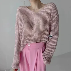 summer Lady Hollow Out Mesh Thin Pullover Women's Knitted Sweaters See Through Look Long Sleeve Loose Tops Smock Sunscreen shirt