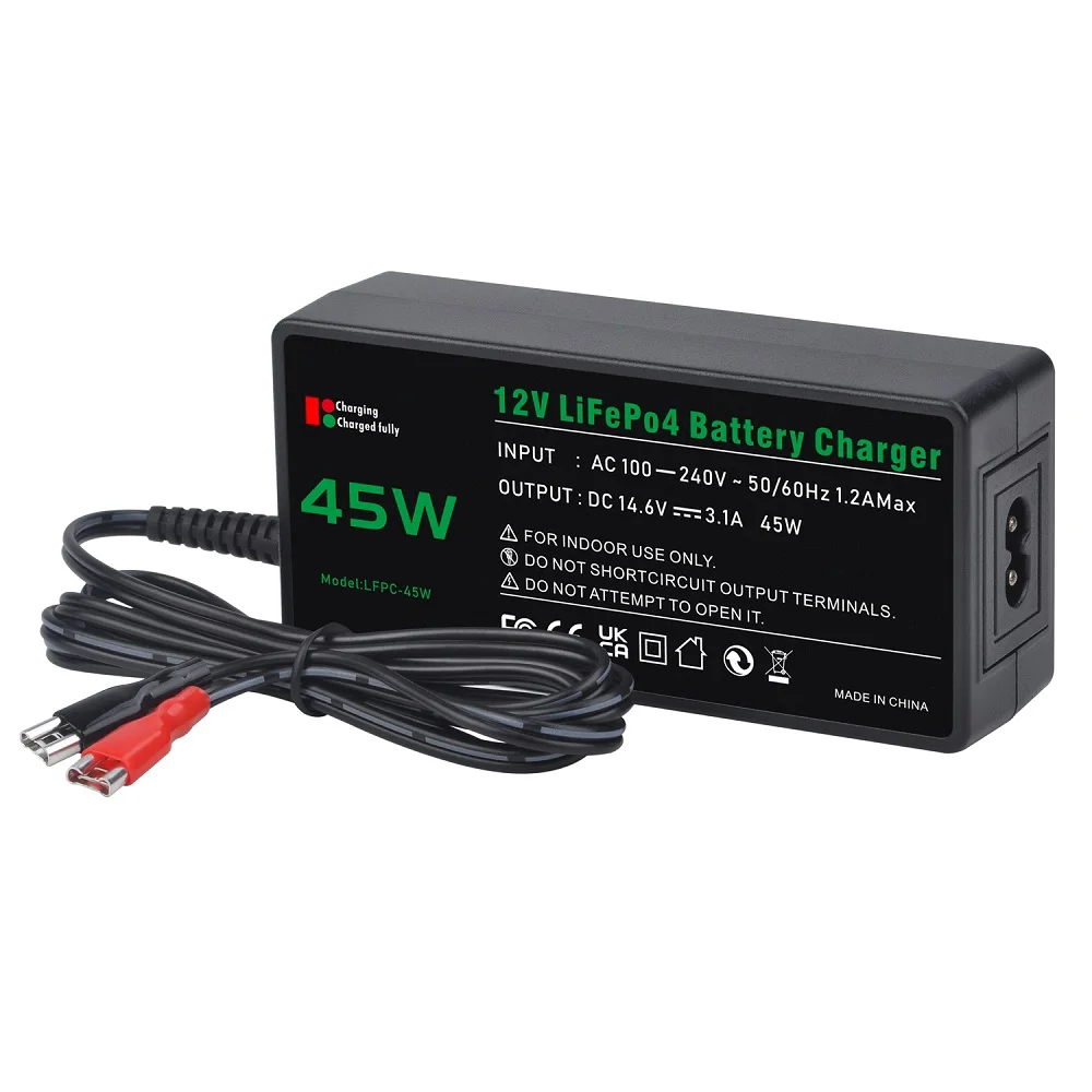 14.6V 3.1A 45W LifePO4 Battery Charger for 12V LiFePO4 Deep Cycle Rechargeable Battery with EU/US/UK/AU Cable for chioce