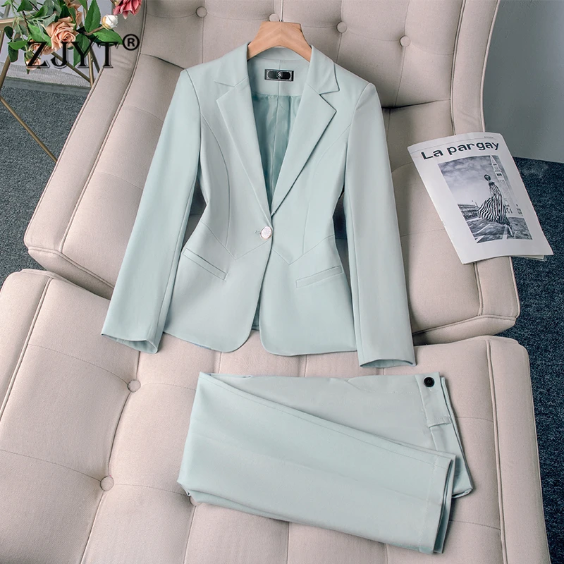 

ZJYT Korean Fashion One Button Blazer Suit Pants 2 Pieces Matching Set Elegant Office Lady Work Outfit Jacket and Trousers Sets