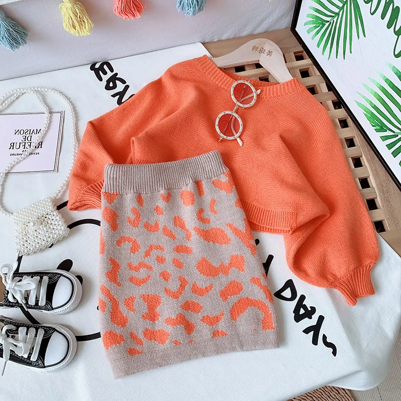 Girls Sweater Sets 2024 Autumn and Winter Knit Set Girls Orange Knit Top+Geometric Printed Skirt Two Piece Set 2-8T Kids