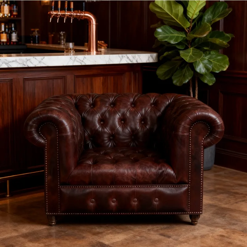 Oil wax leather first layer cowhide high-end sofa antique style old three-person buckle sofa American retro leather sofa