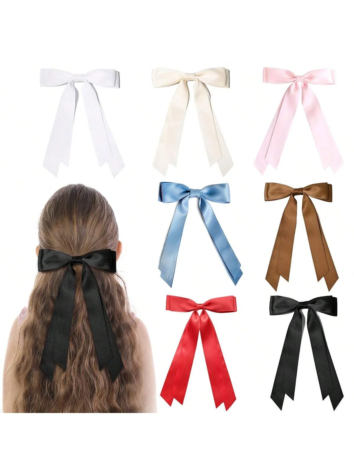 7PCS/set Hair RibbonFor Girls, Long Tail Bow Clips, Coquette Bows Hair Accessories for Children's Day Gift Wedding Flower Kid