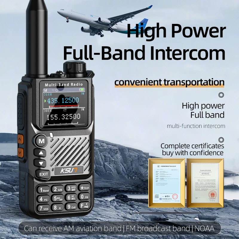 Walkie Talkie de 5W, Banda Completa 144/220/350/400/520MHz, Radio FM de Banda Aérea, Carga Rápida Tipo-C, Linterna, Dobl
