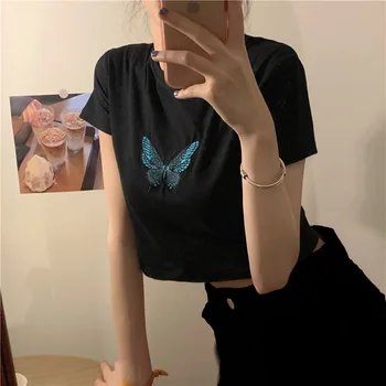 여성용 자수 나비 디자인 크롭탑, 섹시한 슬림 올매치 패션 Y2K 탑, 빈티지 반팔 티, 여름 신상