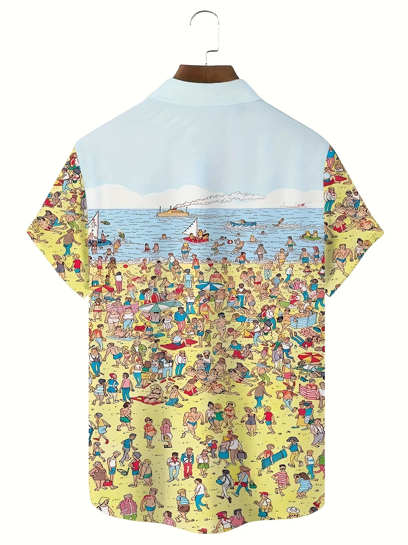 Retro Cartoon Beach Crowd Beach Print Short Sleeved Shirt for Men Hawaiian Casual Shirt