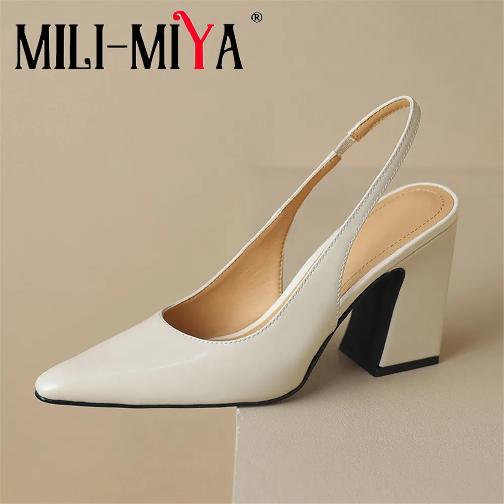 MILI-MIYA Women’s Classic Pointed-Toe Open-Back Calfskin High-Heeled Shoes With Extra-High Chunky Heels And Slip-On Style Dress