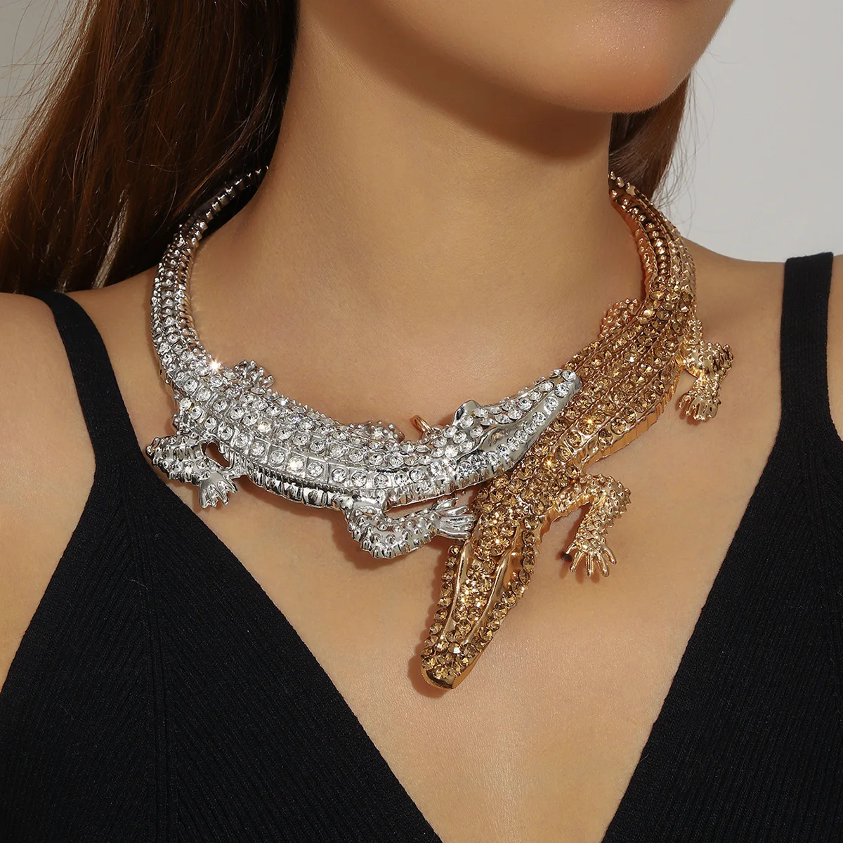 

Punk Splice Exaggerate Crocodile Choker Necklace Club for Women Gothic Animal Statement Rhinestone Choker Collar Prom Jewelry