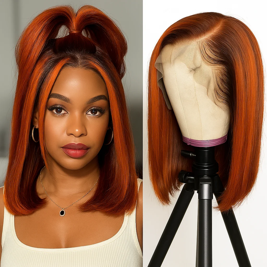 ジンジャー ミックス ブラウン ウィッグ バレイヤージュ # 4/350 レッドカッパー ハイライト ストレート ショートボブ ストレート人毛 13x4 レースフロント ウィッグ
