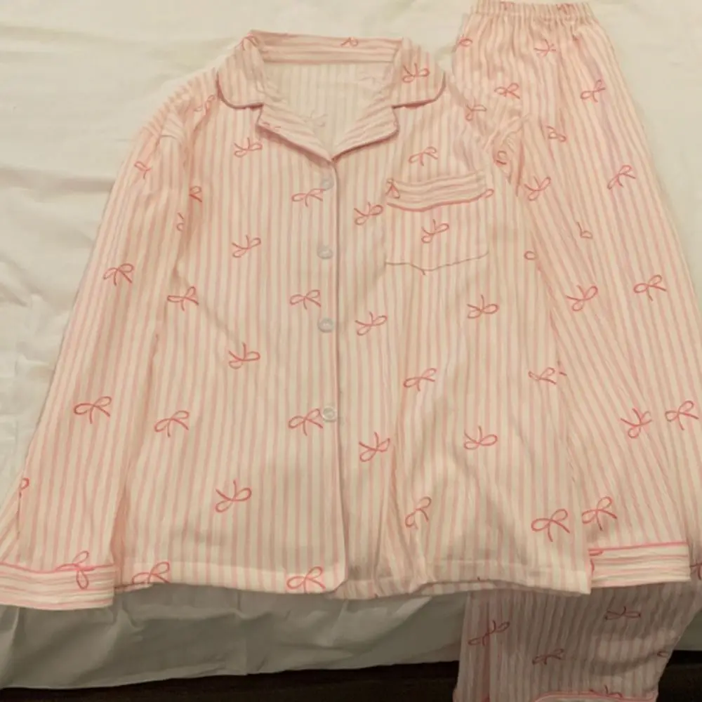 

Ins Stripe Bow Pajamas Set Loose Casual Sweet Pajamas Suit Korean Style Home Wear Two Piece Nightwears Autumn