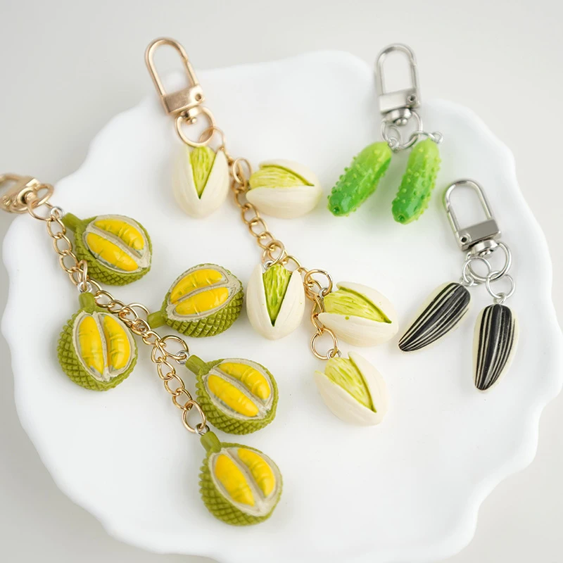 Creative Pistachio Durian Melon Seeds Cucumber Keychain Funny Food Keyring Bag Pendant Car Key Holder Earphone Charms Trinket