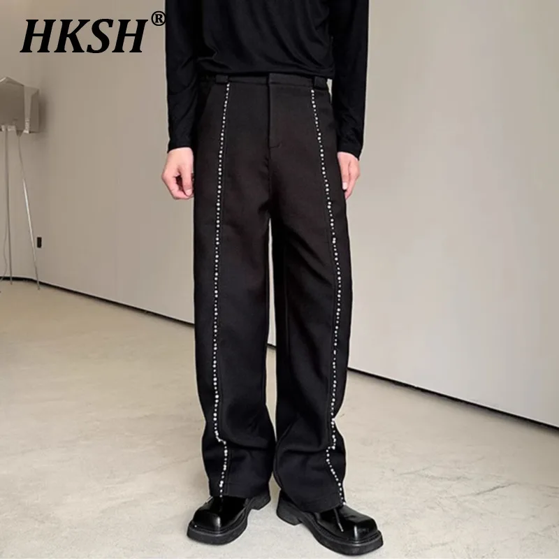 HKSH Autumn Men's Tide Heavy Pearl Korean Edging Wide Leg Casual Pants Trendy Light Luxury Versatile Dark Chic Trousers HK3465