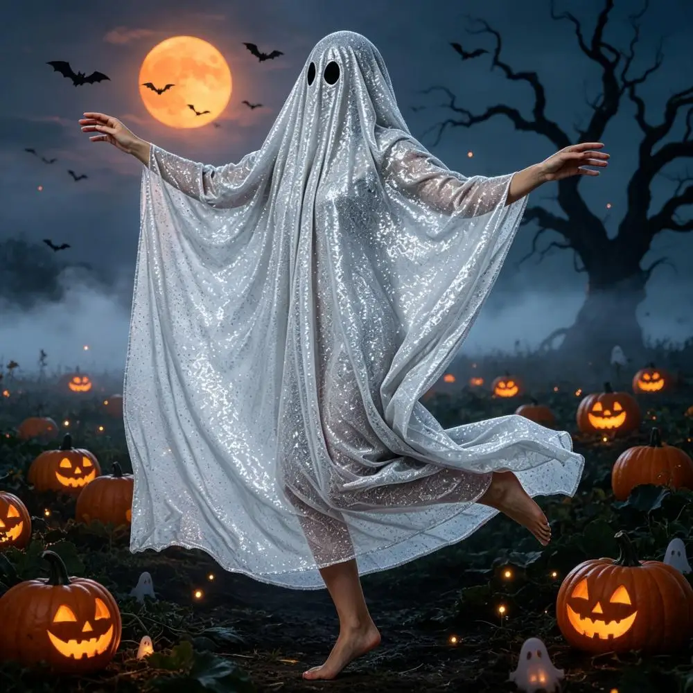 Glitter Ghost Poncho Sequin Fancy Cosplay Shiny Sparkle Cape Spooky Halloween Accessory Carnival Party Disco Ghost Cloak Costume