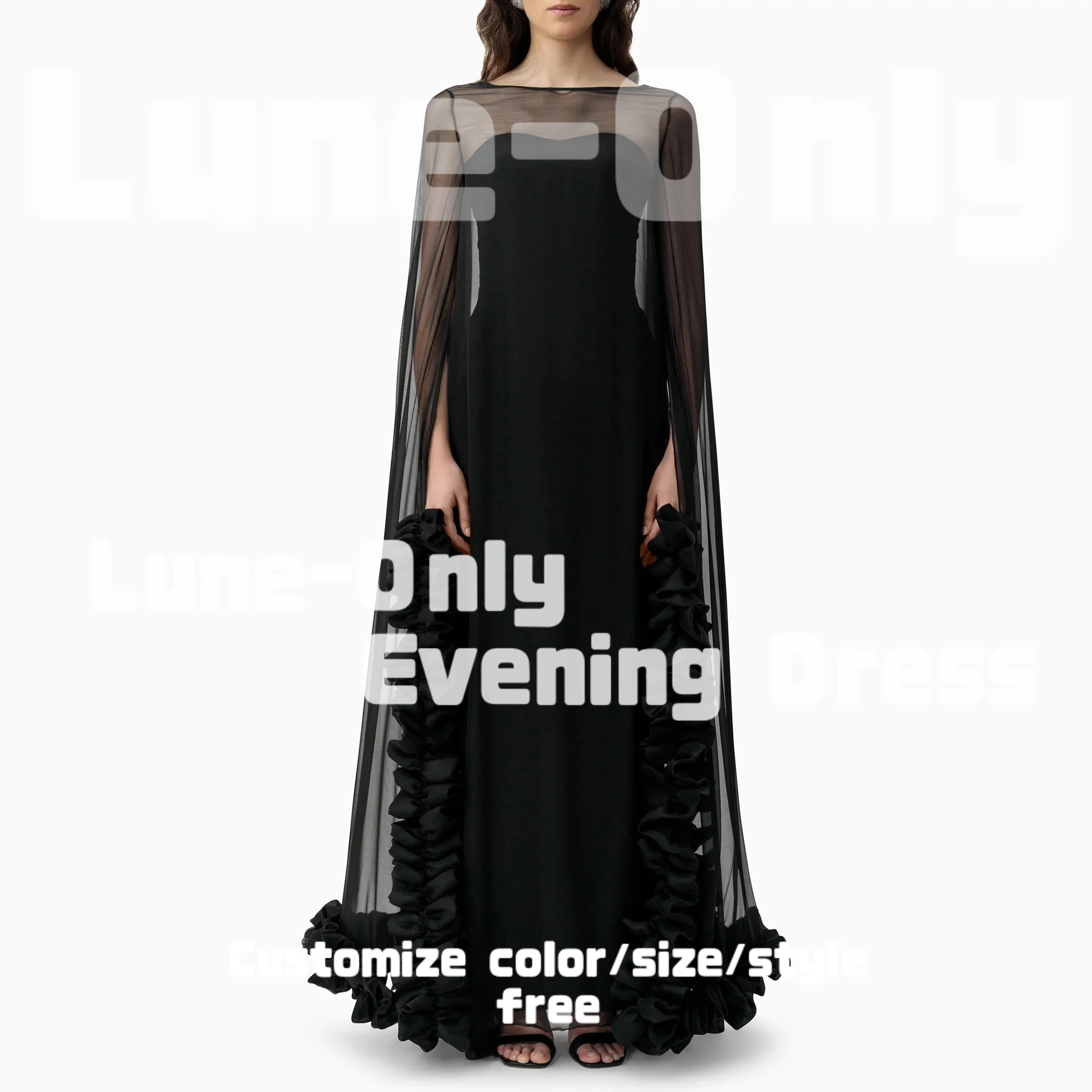 

Customized Ruffles Cloak Black Elegant Women Evening Dresses Boat Neck Formal Occasion See Through Prom Dress Party Gown