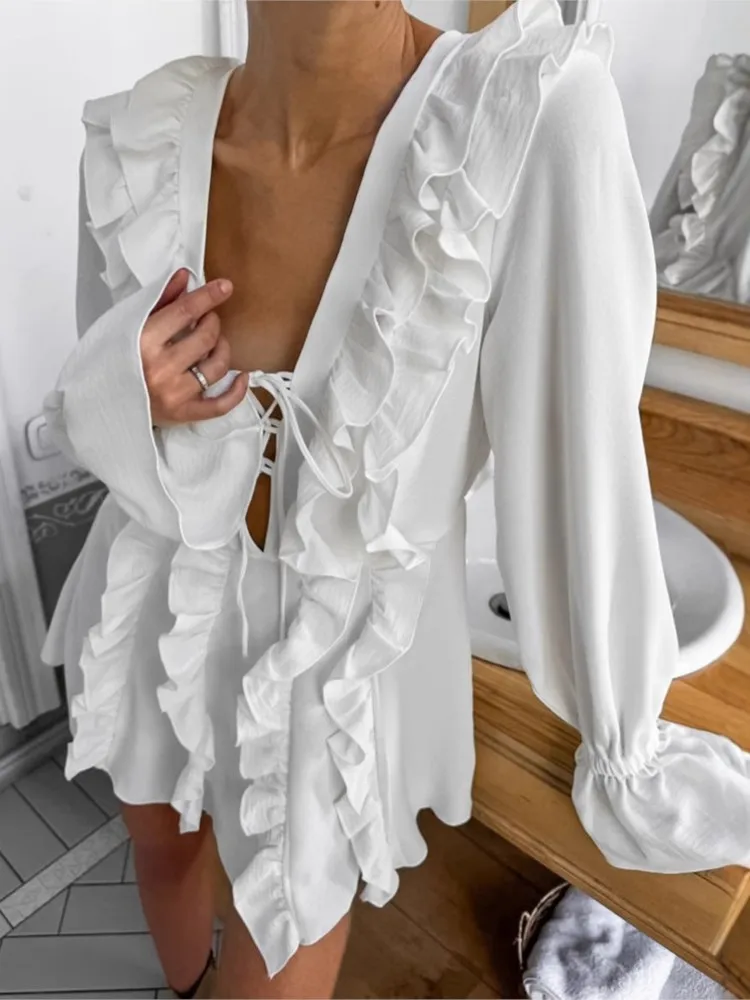 

Dresses For Woman Sexy Lace-up Evening Dress Elegant V-neck Vestidos Long-sleeved A-line Package Hip Solid Color Temperament