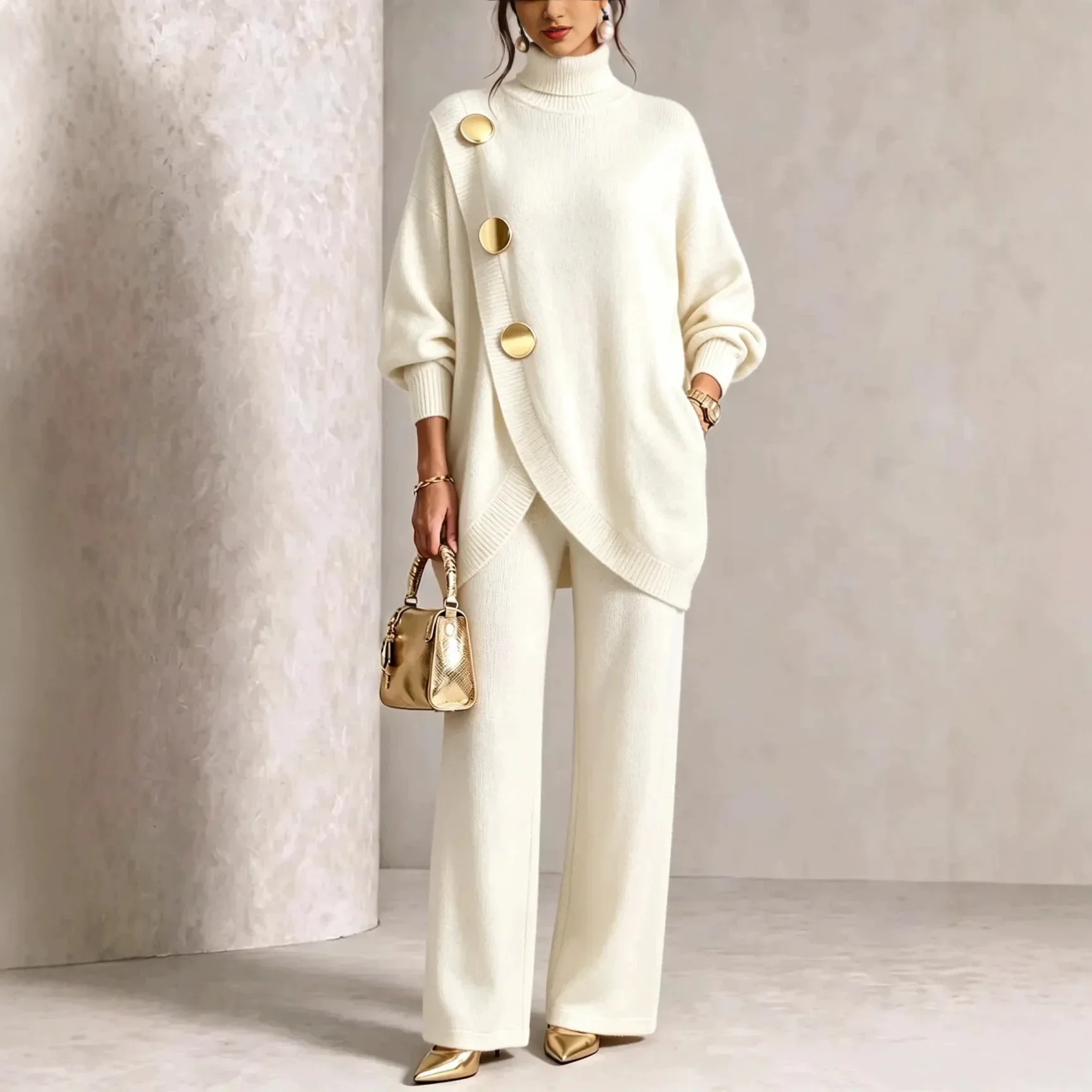 2027Autumn Winter Metal Button Knitted Two Piece Set Women New High Collar Sweater Wide Leg Long Pant Set Elegant Pullover Suits
