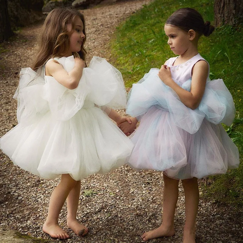 Children's Fluffy Dress 2024 Spring New Mesh Bow Girl's Dress aline Princess Dress