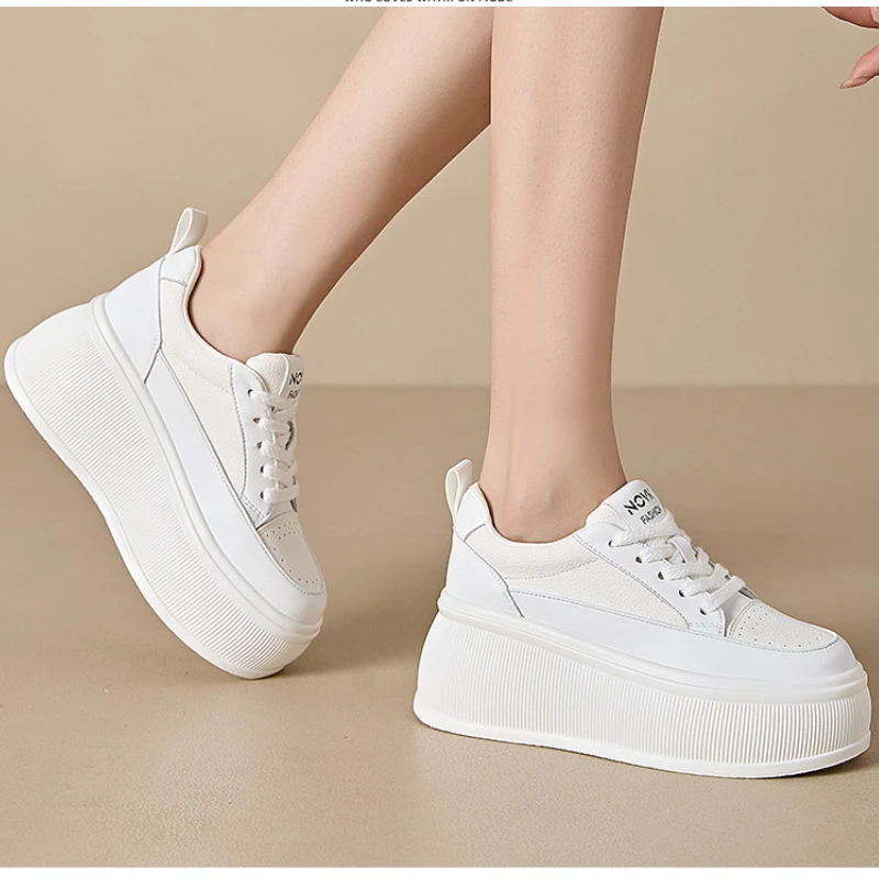 Fujin 8cm Cow Genuine Leather Platform Wedge Flats Vulcanize Comfy Breathable Spring Autumn Chunky Sneakers White Casual Shoes