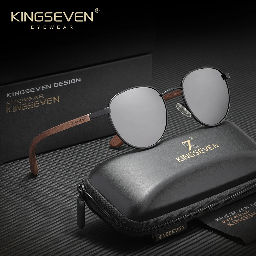 KINGSEVEN Small Round Frame Sunglasses Walnut Wooden For Men Women Driving Eyewear Polarized UV400 Retro Glasses