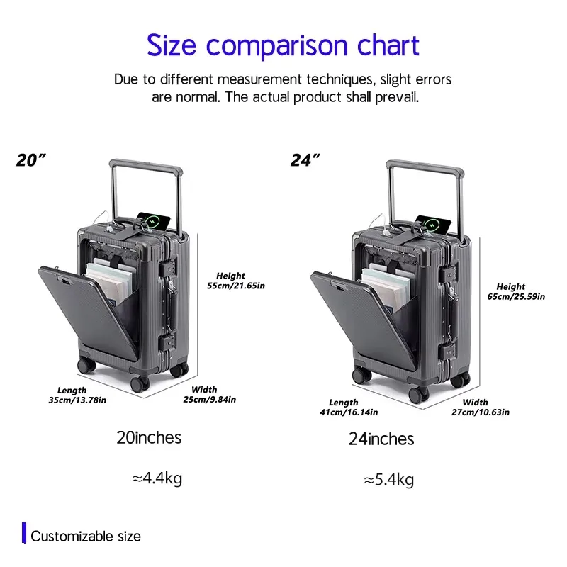 جديد الجبهة افتتاح جيب المتداول الأمتعة سبائك الألومنيوم الإطار واسعة مقبض عربة حقيبة مع عجلة USB شحن المكونات قفل TSA
