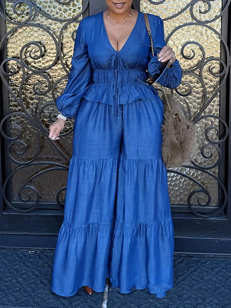 Modisches drapiertes Freizeit-Outfit: Sexy V-Ausschnitt Bluse & Weite Schlaghose Set für Damen – Lässiger 2-teiliger Anzug mit Laternenärmeln in Unifarben