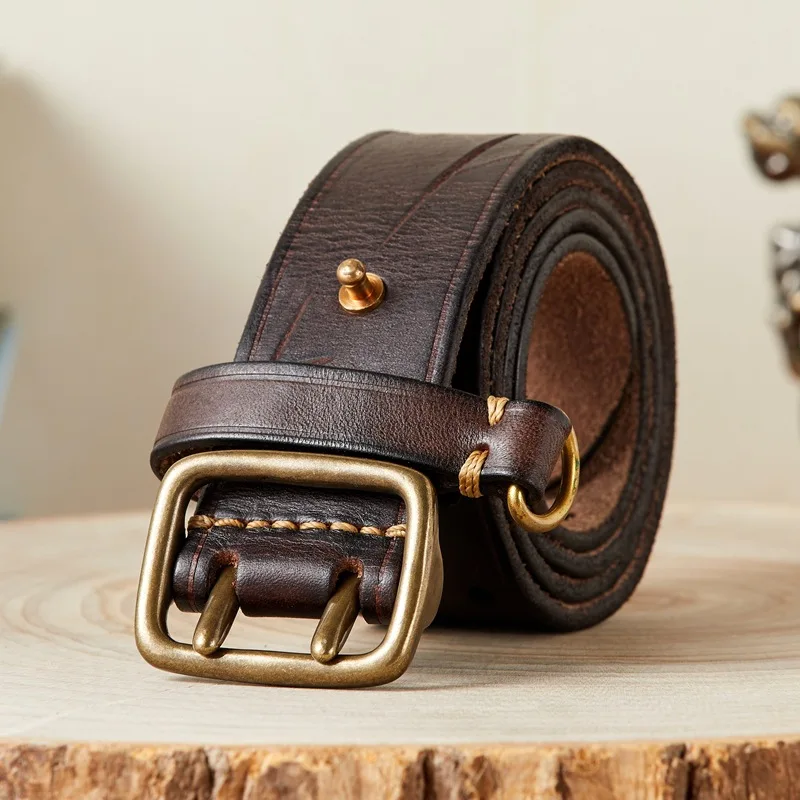 

Fashion personality trend, double needle buckle belt, men's leather pure cowhide, retro youth versatile jeans belt