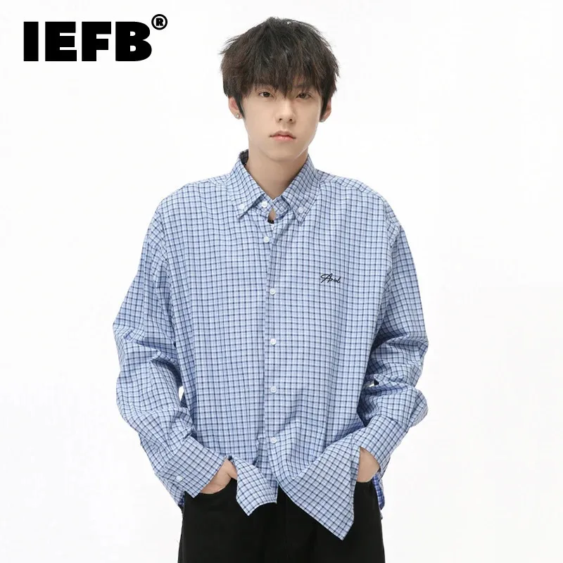 

IEFB Autumn Men's Shirts Loose Embroidery Plaid Turn-down Collar Long Sleeve Single Breasted Male Tops Korean Style 2024 9C7422