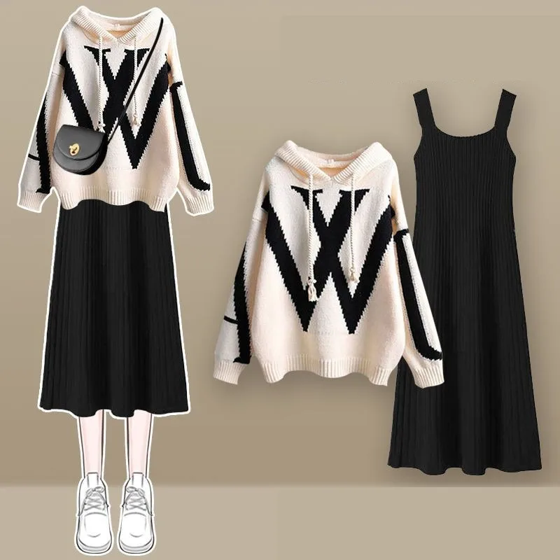 Vestido informal holgado de punto con letras para mujer, suéter con capucha, vestido de tirantes, traje de dos piezas, Jersey de punto para otoño e invierno, conjunto a juego