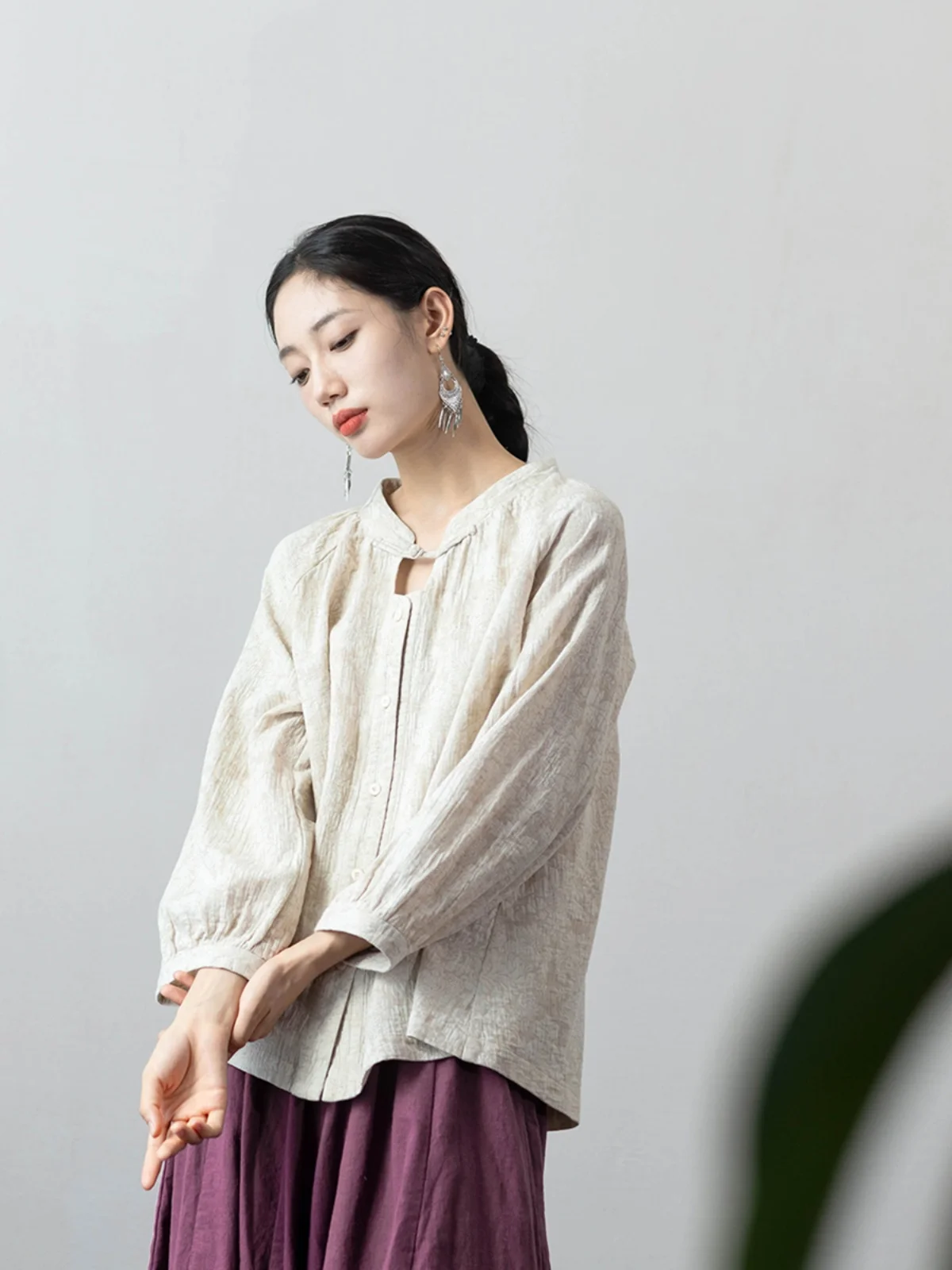 

Ele Classic Collar Button up Loose Fit Cotton Linen Commute irt Long Sve Stand up Collar Traditional Chinese Sle