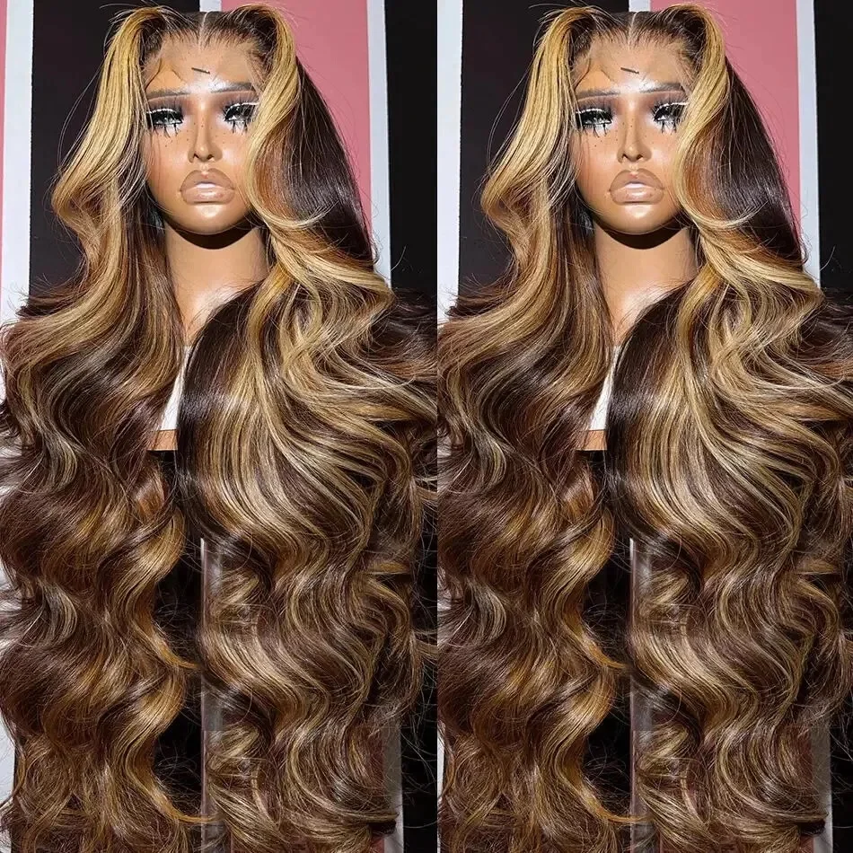 Highlight Brown 13x6 HD Lace Front Wig Body Wave Hair P4/27 Ombre Color 7x5 Glueless Human Hair Lace Frontal Wigs 250% Density