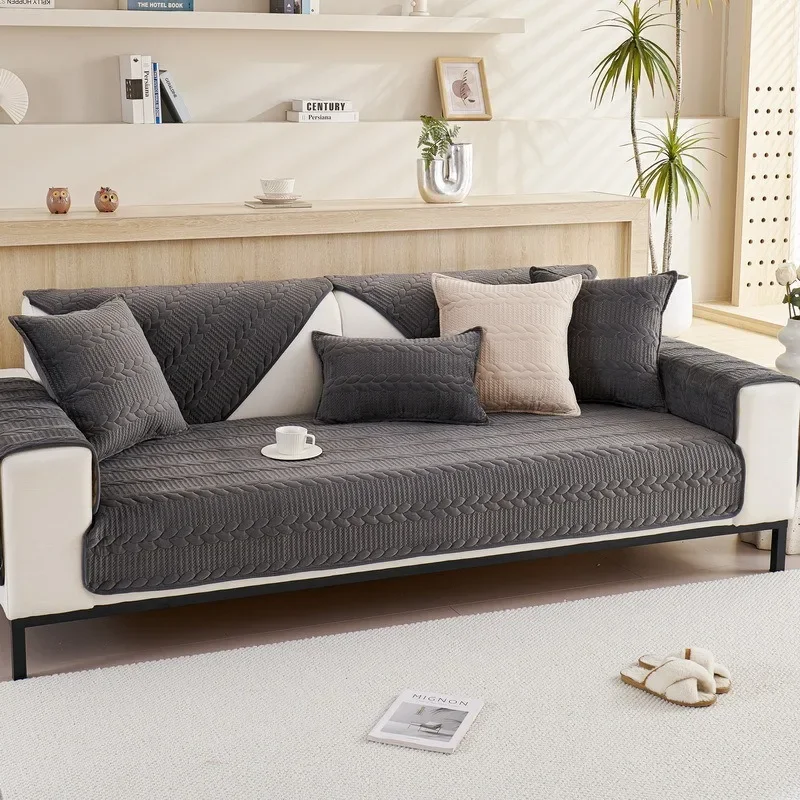 Short Plush Sofa Cover Gray Warm Winter Non Slip Couch Cushion Protector Slipcover for Pet Kids Living Room Sofa Decor 1 pc