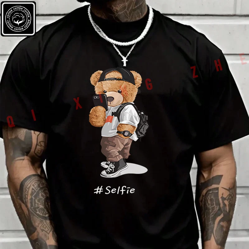 

Men's And Women's T-shirt Summer New Moto Cotton Tee Trendy Bear Selfie Design Short-sleeved Spring Autumn Top