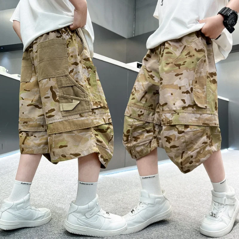 

2025 Summer Boys' Camo Cargo Shorts, Military Print Casual Shorts for Big Kids, Adjustable Waist & Durable Fabric