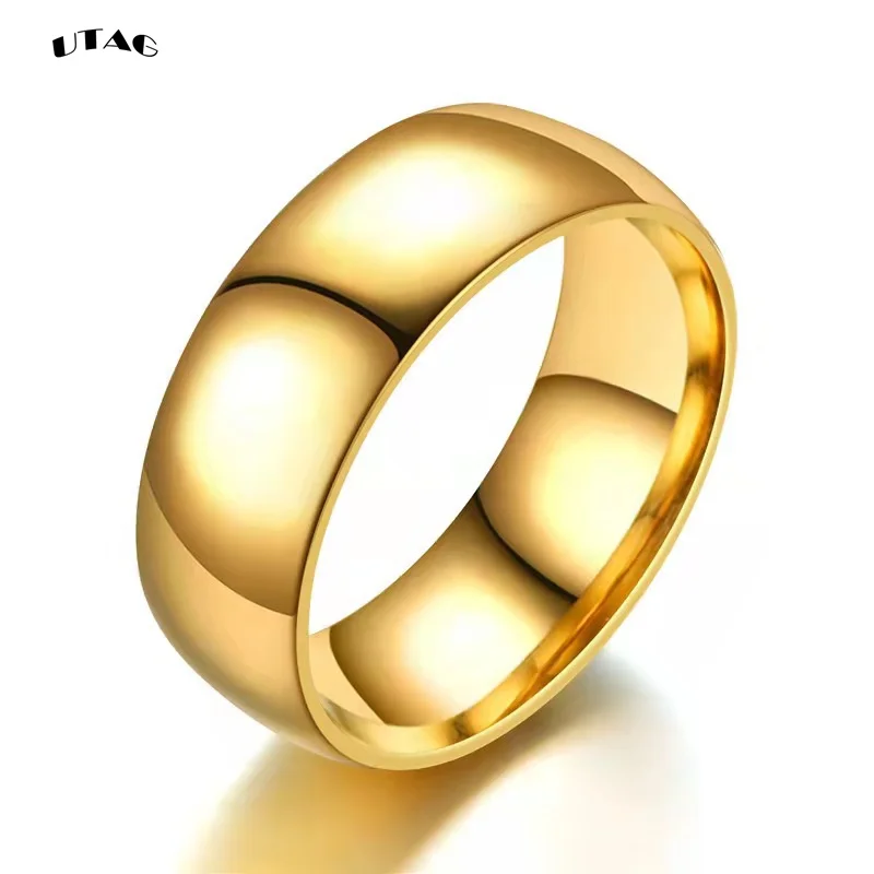 UTAG Simple 8mm Stainless Steel Wedding Rings Golden Smooth Women Men Couple Ring Fashion Jewelry