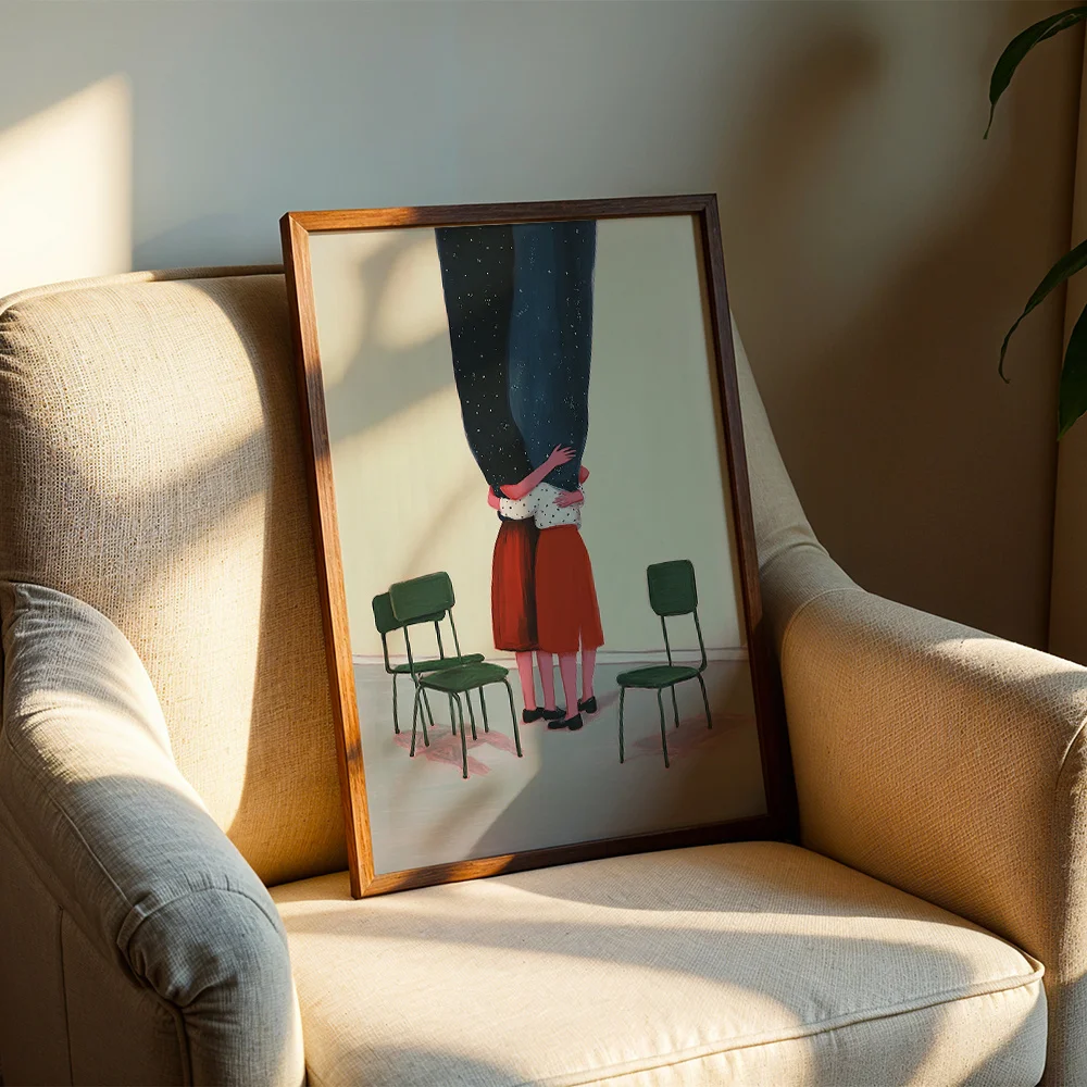 Abstract Hugging Figures With Chairs Canvas Poster Wall Art,2D Print Wall Decor,Fun Aesthetic Gift For Living Room & Bedroom